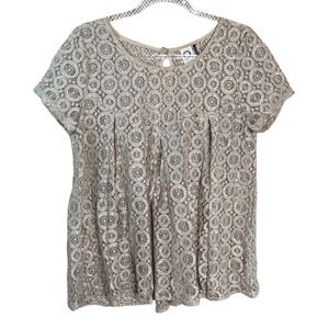 Akemi + Kin Anthropologie Silver Metallic Lace Circle Mesh Top Large Tan